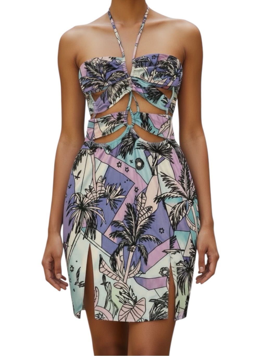 New Oceanus Palma Beaded Geometric Abstract Print Drawstring Dress Small Nwt